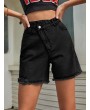Asymmetrical High Waist Pocket Frayed Edge Denim Shorts