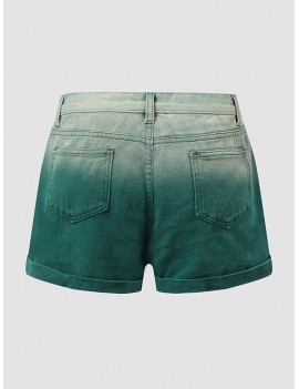 Ombre Pocket Zip Front Button Women Denim Shorts