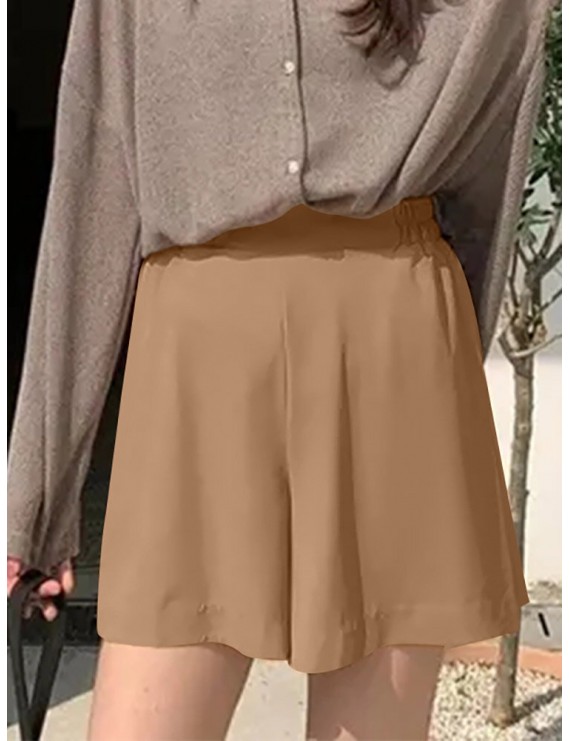 Casual Solid Pocket Wide Leg Shorts For Women