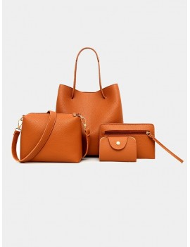 4PCS Bucket Handbag Women Plain Faux Leather Shoulder Bag Clutch Bag