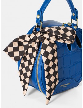 Trendy Klein Blue Stone Pattern Handbag Faux Leather Rivet Round Silk Scarves Decoration Crossbody bag