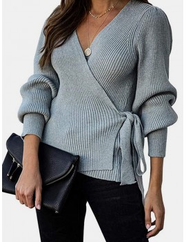 Cross Wrap Solid Color Long Sleeve Bandage Sweater For Women