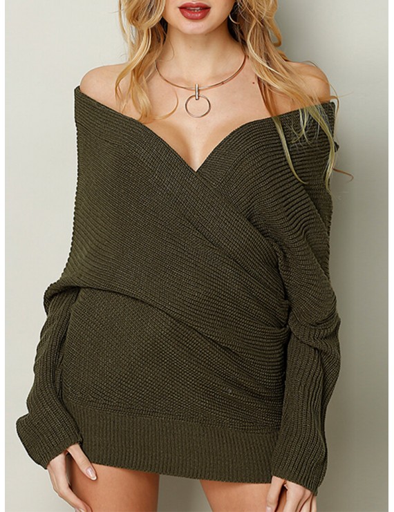 Solid Color Plain Knitted V-neck Loose Long Sleeve Casual Sweater for Women