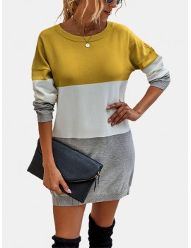 Contrast Color Long Sleeve O-neck Casual Sweater For Women