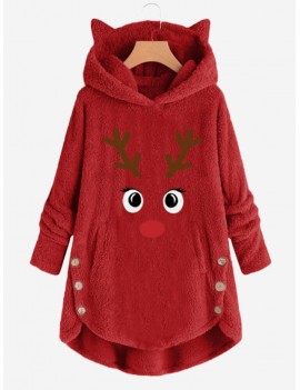 Casual Embroidery Lovely Christmas Deer Side Button Fleece Hoodies