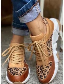 Large Size Women Casual Splicing Leopard Lace-up Comfy Platform Sneakers