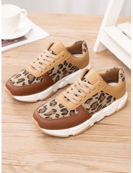 Large Size Women Casual Splicing Leopard Lace-up Comfy Platform Sneakers